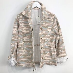 MiAmi Francesca’s Cream Tan Blue Camo Cinch Waist Button Utility Jacket NEW